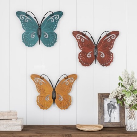 HASTINGS HOME 3-piece Butterfly Metal Wall Art Set, Hand Painted Decorative 3D Nature Butterflies for Home/Office 949858JFN